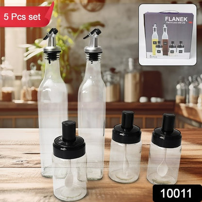 10011 tough Glass Transparent Glassoil Dispenser 500 Ml Bottle Set Of 2 Spice Jar 250 Ml Set Of 3 Oil Bottle For Kitchen Oil  Vinegar Storage Glass Bottle Glass Container For Spice Masala (5 Pcs Set)