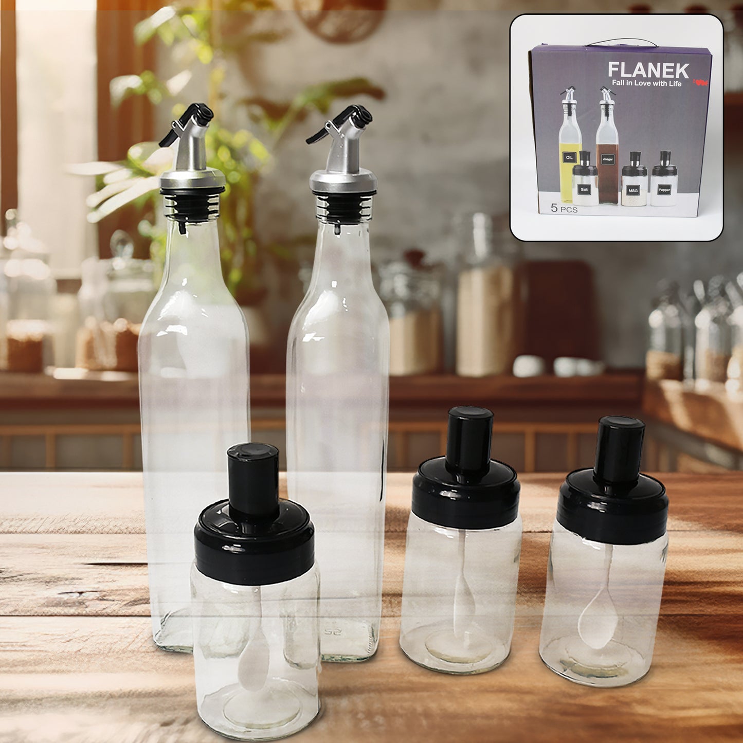 10011 tough Glass Transparent Glassoil Dispenser 500 Ml Bottle Set Of 2 Spice Jar 250 Ml Set Of 3 Oil Bottle For Kitchen Oil  Vinegar Storage Glass Bottle Glass Container For Spice Masala (5 Pcs Set)