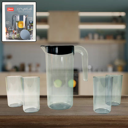 Apex Crystal Premium Jug With Lid  4 Pcs Glass (1500 Ml  300 Ml Approx  5 Pcs Set)